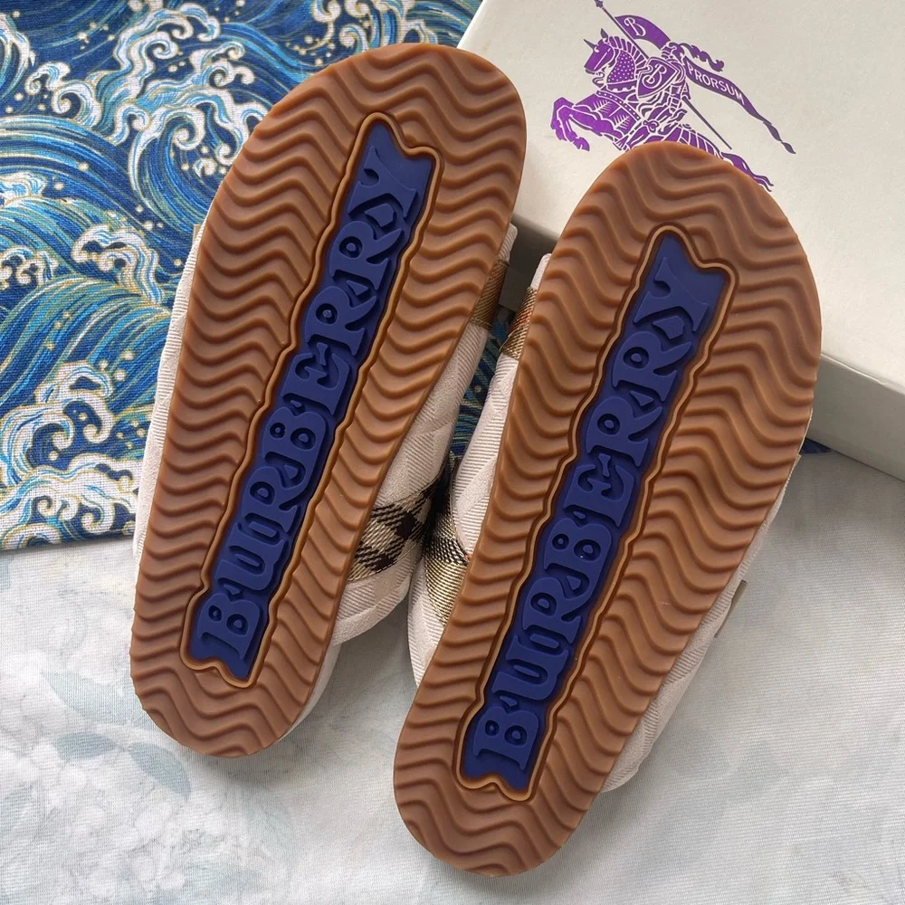 Burberry Beige Check Triple-Buckle Slide Sandals